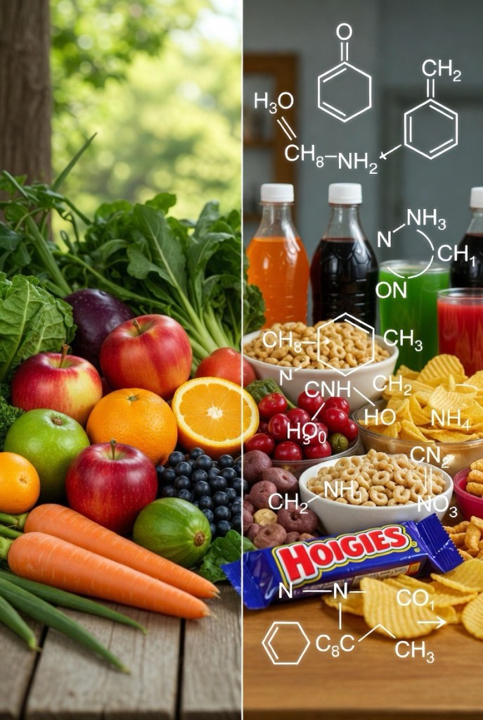 Split image contrasting fresh whole foods including apples, oranges, carrots, broccoli, and greens on the left with ultra-processed snacks like chips, cereals, sodas, and chemical formulas overlaid on the right, highlighting hidden additives in everyday foods.